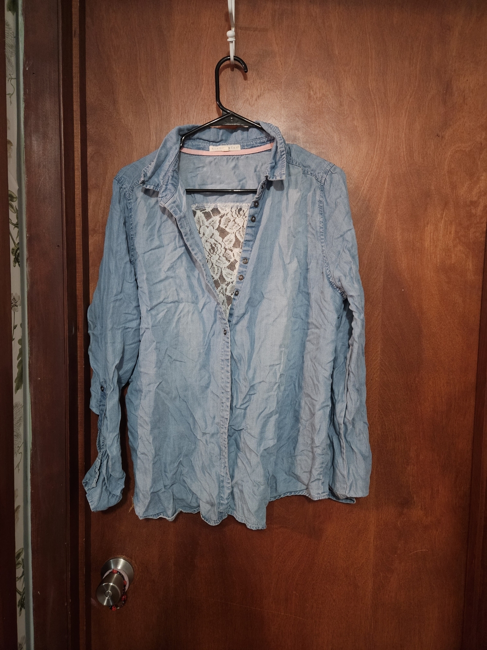 hint of mint Light Blue Denim-Style Button Down with Lace Back